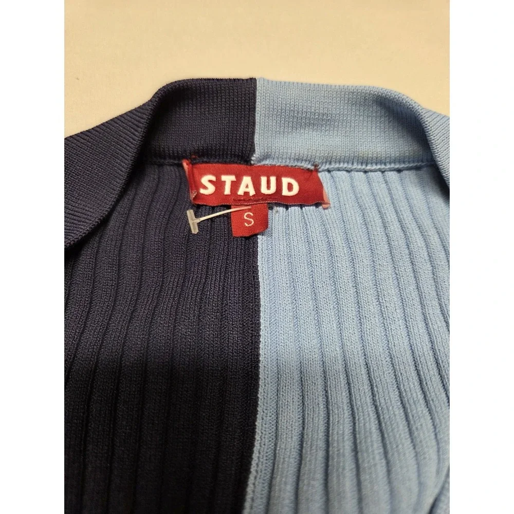 STAUD Shoko Navy Lt Blue Colorblock Ribbed Knit Buttondown Midi Sweater Dress S - Picture 9 of 12
